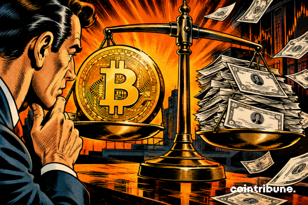 Une balance oppose une pièce Bitcoin géante à une pile de titres financiers, illustrant l’impact de la dilution des actions sur le BTC par action chez Strive