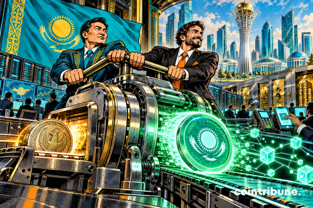 A Kazakh official and a crypto partner activate a machine that creates a stablecoin connected to a blockchain network.