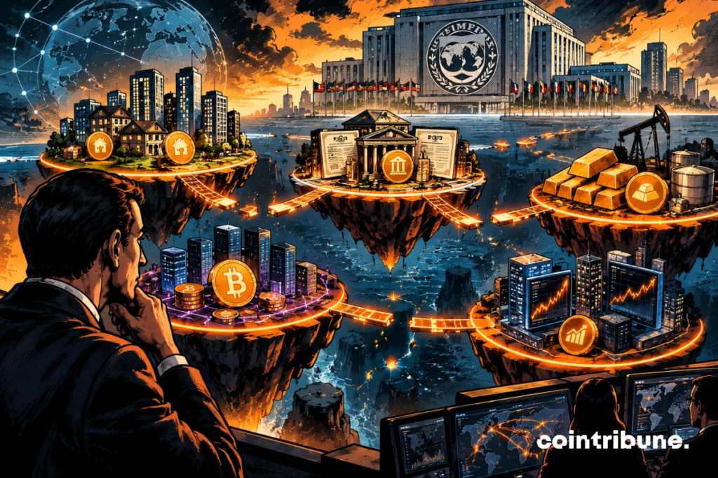 Tokenized finance is spreading across isolated digital islands, while luminous bridges symbolize the interconnectivity challenges highlighted by the IMF.
