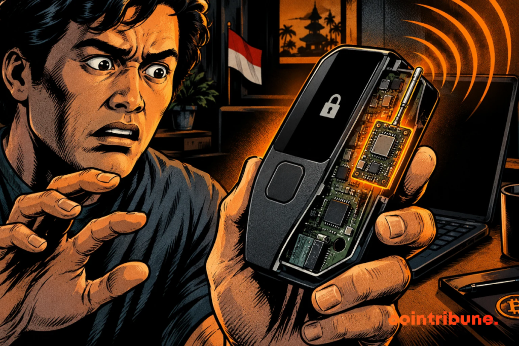 Worried man examining an open Trezor crypto hardware wallet showing a suspicious electronic board with an antenna and wireless transmission