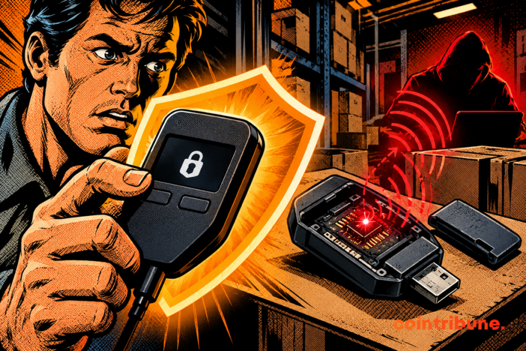 Un utilisateur inquiet protège son wallet crypto Trezor avec un bouclier orange, tandis qu’une puce espionne dissimulée dans un hardware wallet émet des ondes vers un pirate informatique