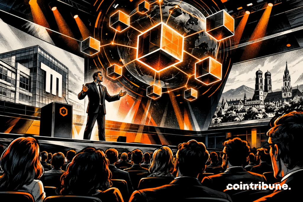 Illustration d’un intervenant sur scène devant un réseau de blocs lumineux, à la TUM Blockchain Conference de Munich