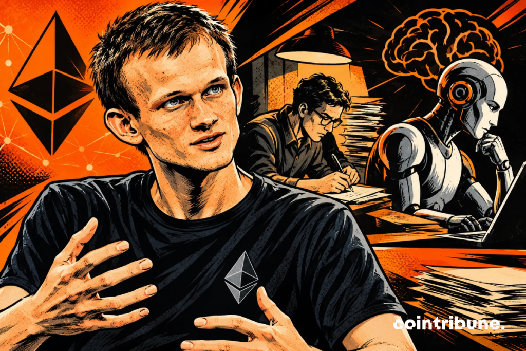 Vitalik Buterin confronts AI in a high-contrast 1970s-style comic book illustration, where human creativity and algorithms clash in orange.
