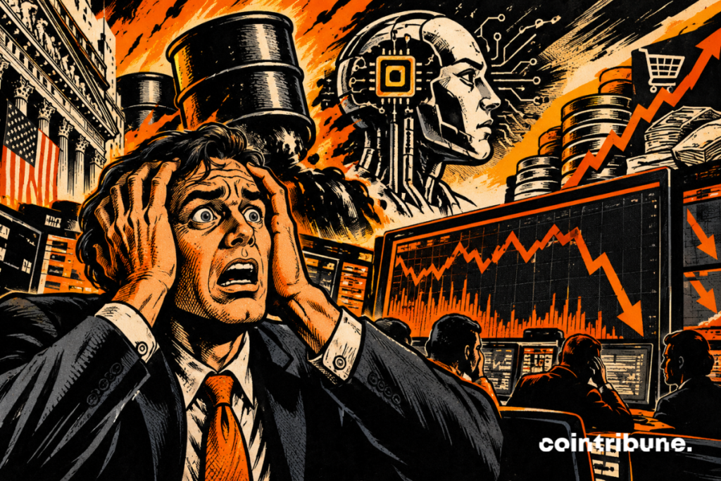 Un trader paniqué face à l’effondrement boursier, tandis que pétrole, intelligence artificielle et inflation menacent Wall Street dans une ambiance apocalyptique.