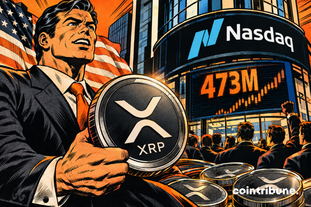 Un empresario decidido sostiene un token gigante de XRP frente al Nasdaq, rodeado de monedas, una bandera estadounidense y gráficos naranjas con tendencia alcista.