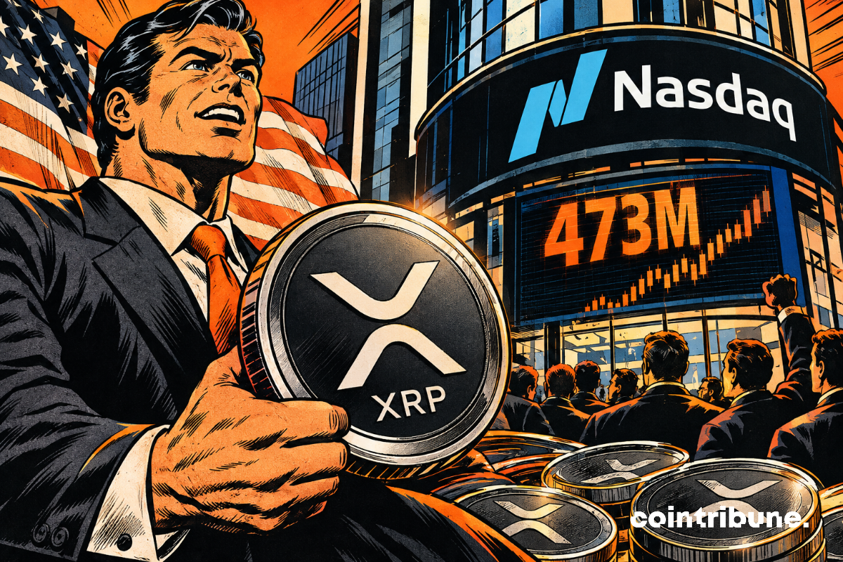 Un homme d’affaires déterminé brandit un jeton XRP géant devant le Nasdaq, entouré de pièces, drapeau américain et graphiques orange ascendants.