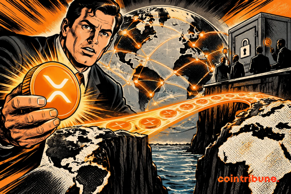Un financier brandit une pièce XRP orange lumineuse devant un globe terrestre connecté. Un pont de tokens numériques traverse un gouffre entre deux continents, symbolisant les transferts internationaux de liquidités, tandis que des silhouettes observent un coffre verrouillé en arrière-plan.