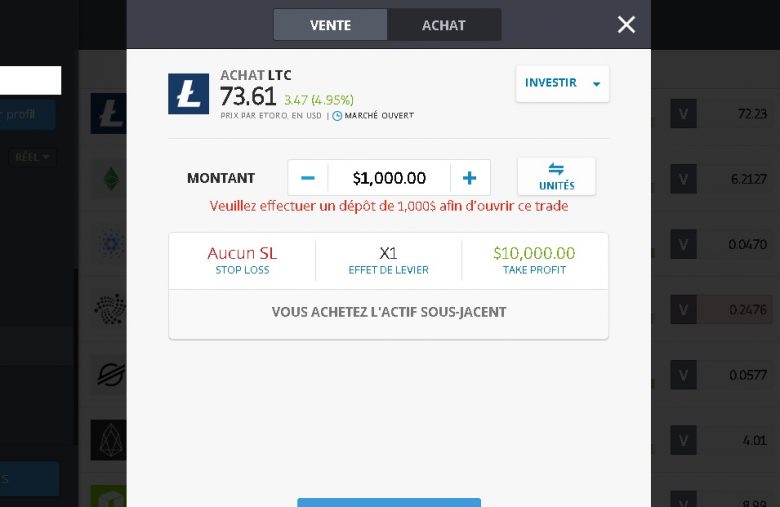 Acheter du Litecoin sur la plateforme d'achat eToro