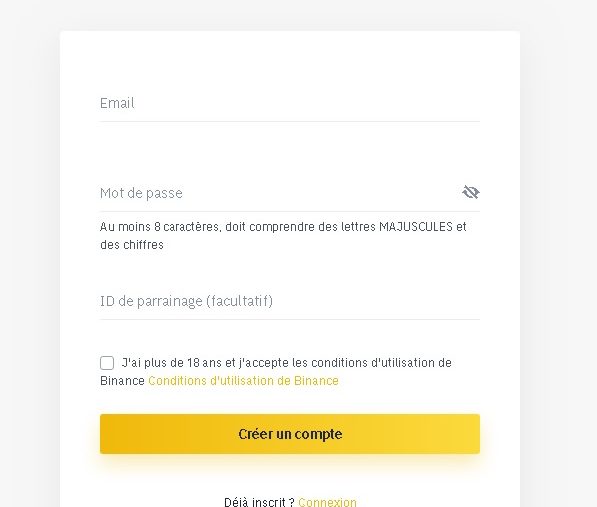 Création d'un compte sur Binance