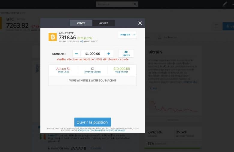 Exemple d'achat du Bitcoin sur la plateforme eToro