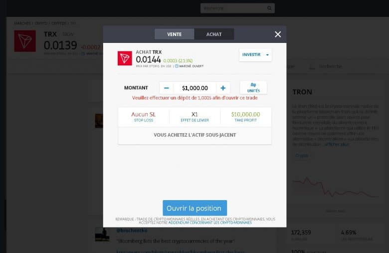 Page d'achat de Tron sur eToro