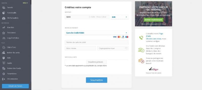 Exemple de dépôt de fonds sur eToro