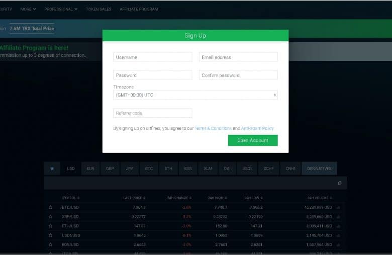 Page d'inscription de Bitfinex