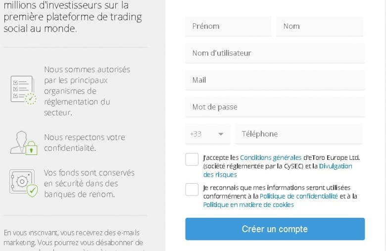 Exemple de page d'inscription sur eToro, une plateforme permettant d'acheter du Litecoin par carte bancaire