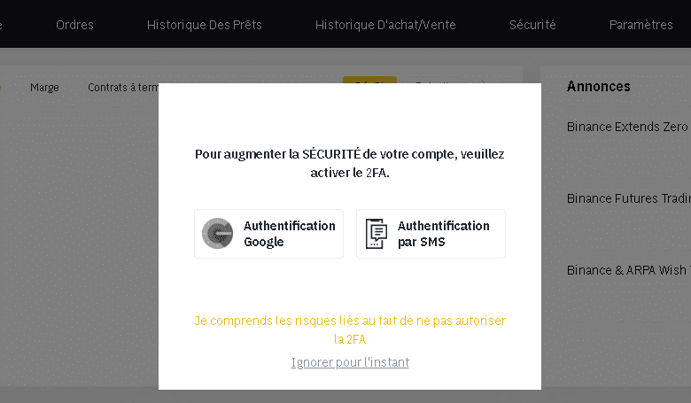 La sécurité du compte sur Binance