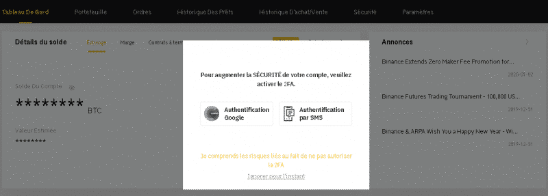 La sécurité du compte sur Binance