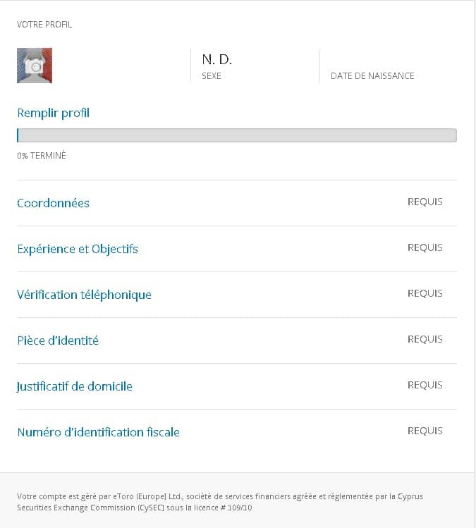 eToro vous demandera par exemple de compléter des informations et d'envoyer des pièces justificatives 