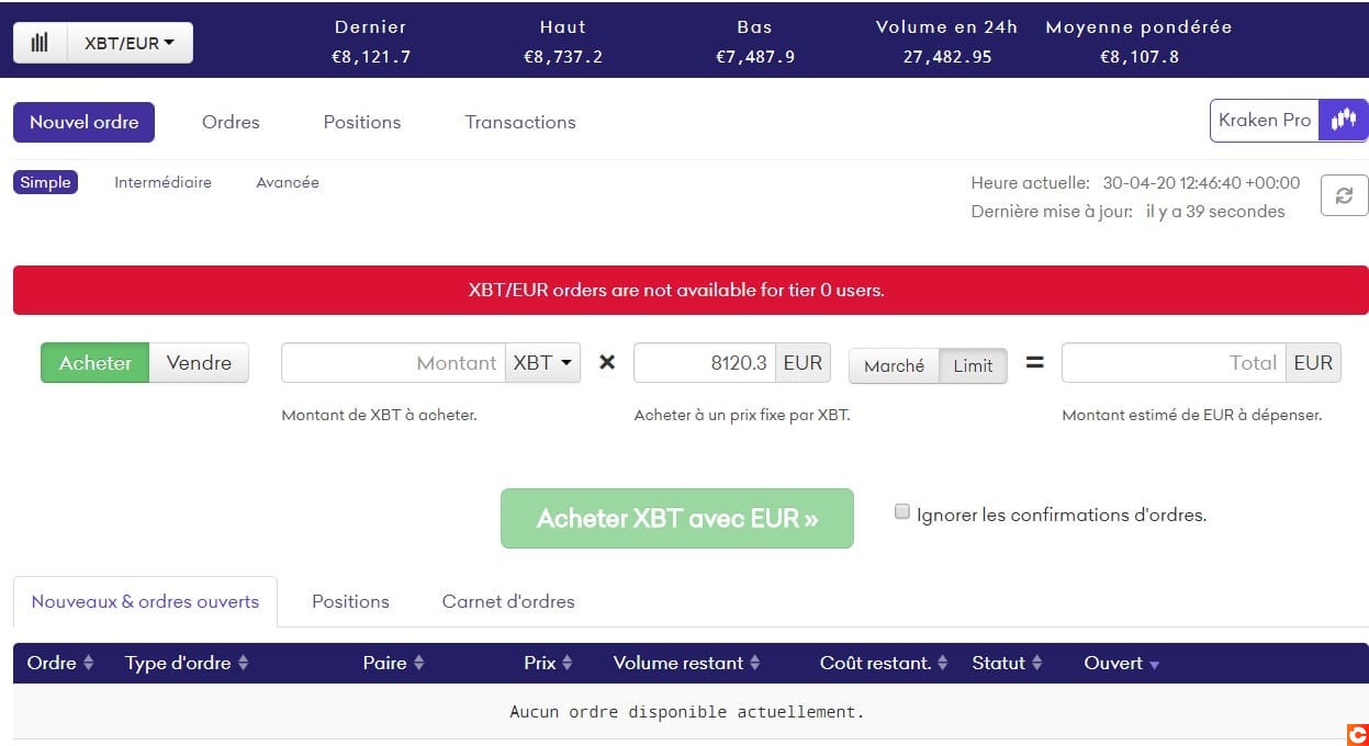 Achat de bitcoins sur Kraken