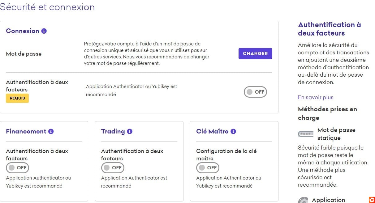 La page sécurité et connexion de la plateforme Kraken