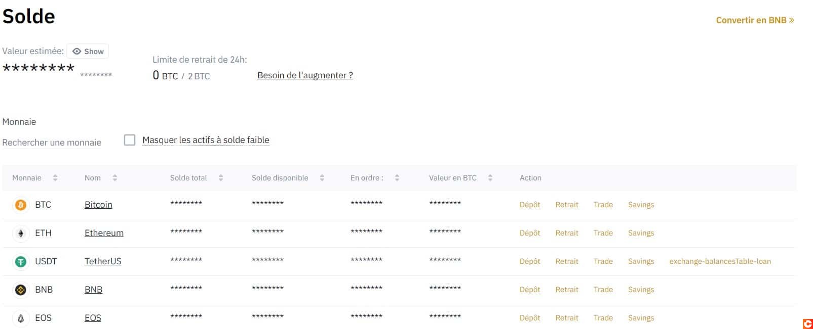 Page de Portefeuille sur Binance