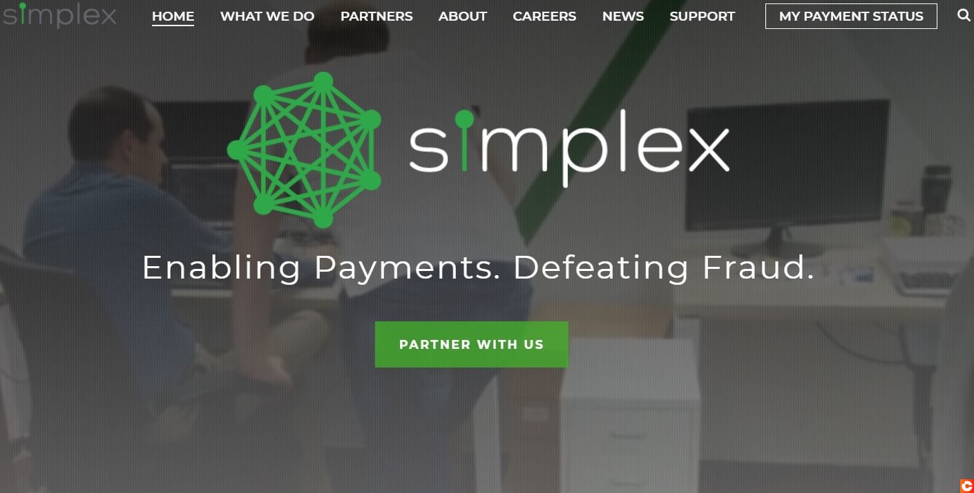 Page principale de Simplex, permettant des paiement sur Binance