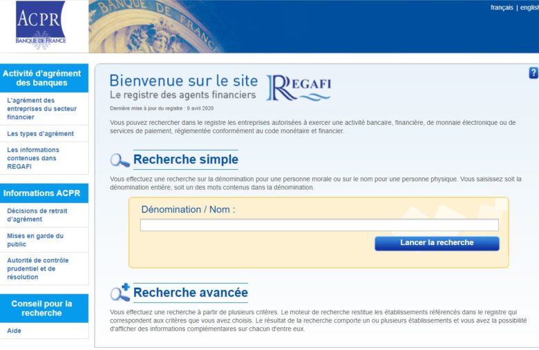 Page du registre Regafi