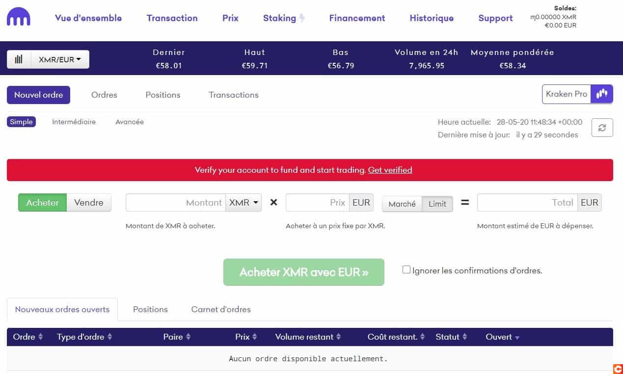 Page d'achat de Monero sur Kraken