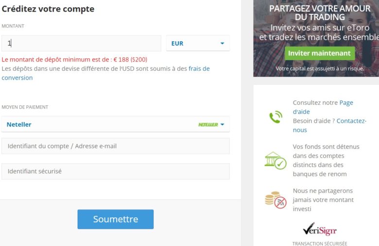 Commencez par faire un dépôt de fonds sur eToro avec Neteller, Skrill ou PayPal 