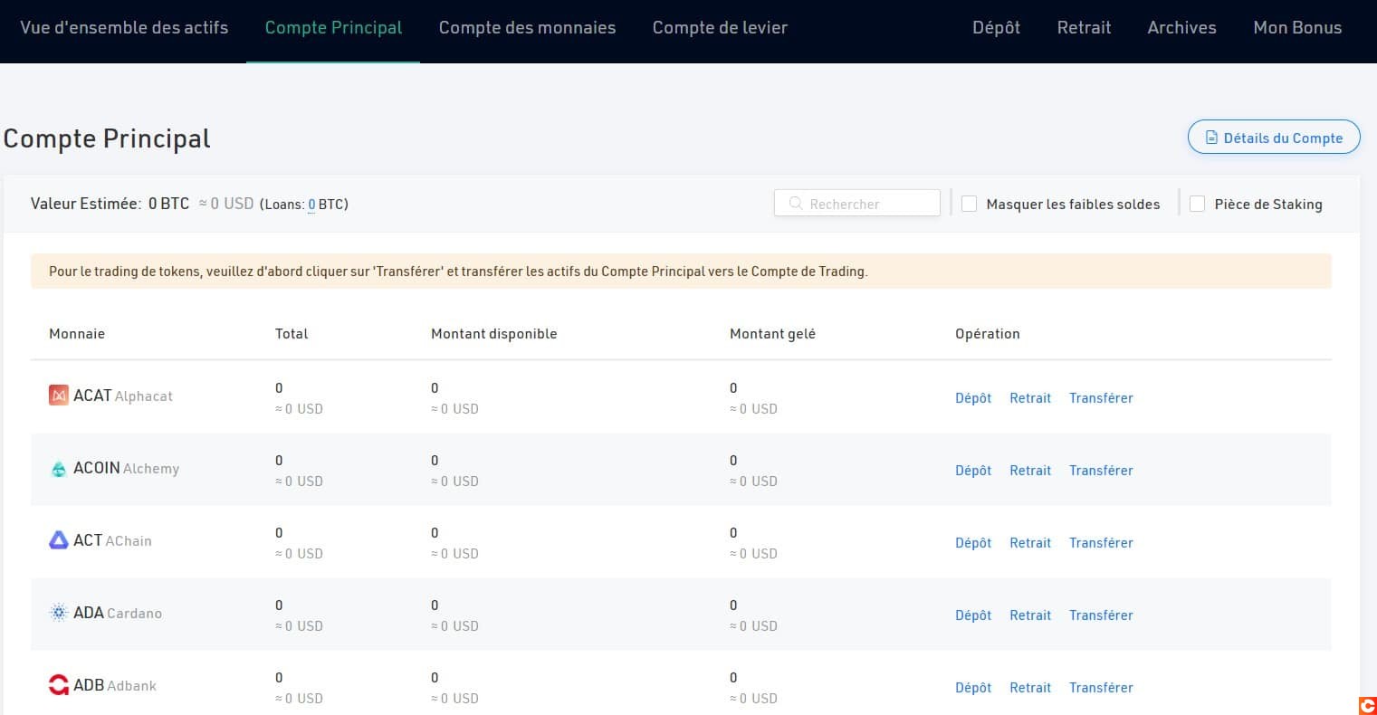 Il existe d'autres onglets sur KuCoin, mais ces deux comptes permettent le nécessaire