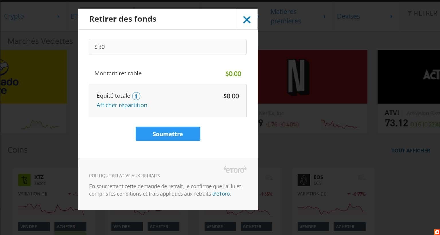 Faire un retrait sur eToro est très simple