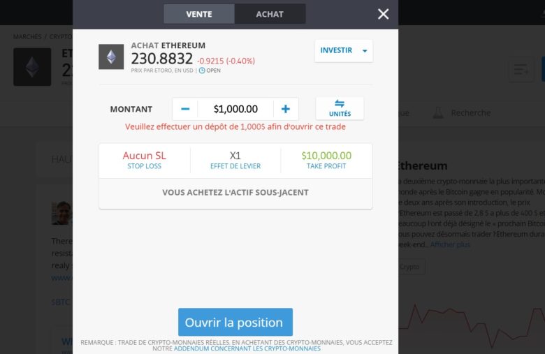 Investissement dans l'Ethereum sur eToro