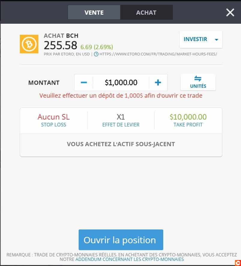 Page d'achat de BCH sur la plateforme eToro