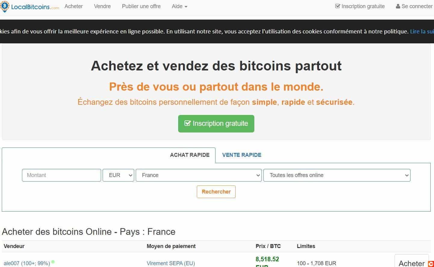 La page d'accueil de LocalBitcoins vous permet de très vite trouver des vendeurs de Bitcoin