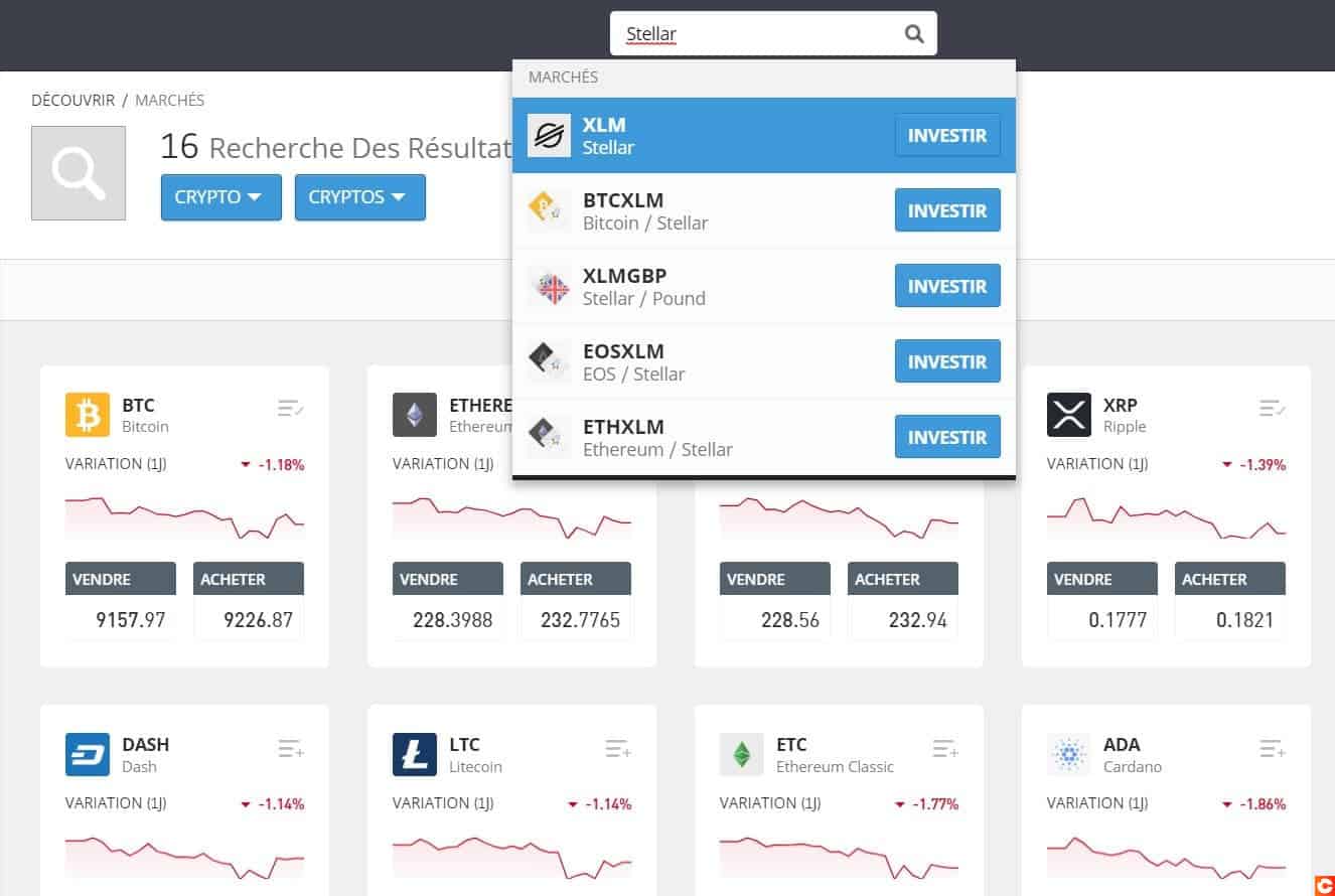 La barre de recherches d'eToro est le moyen le plus rapide