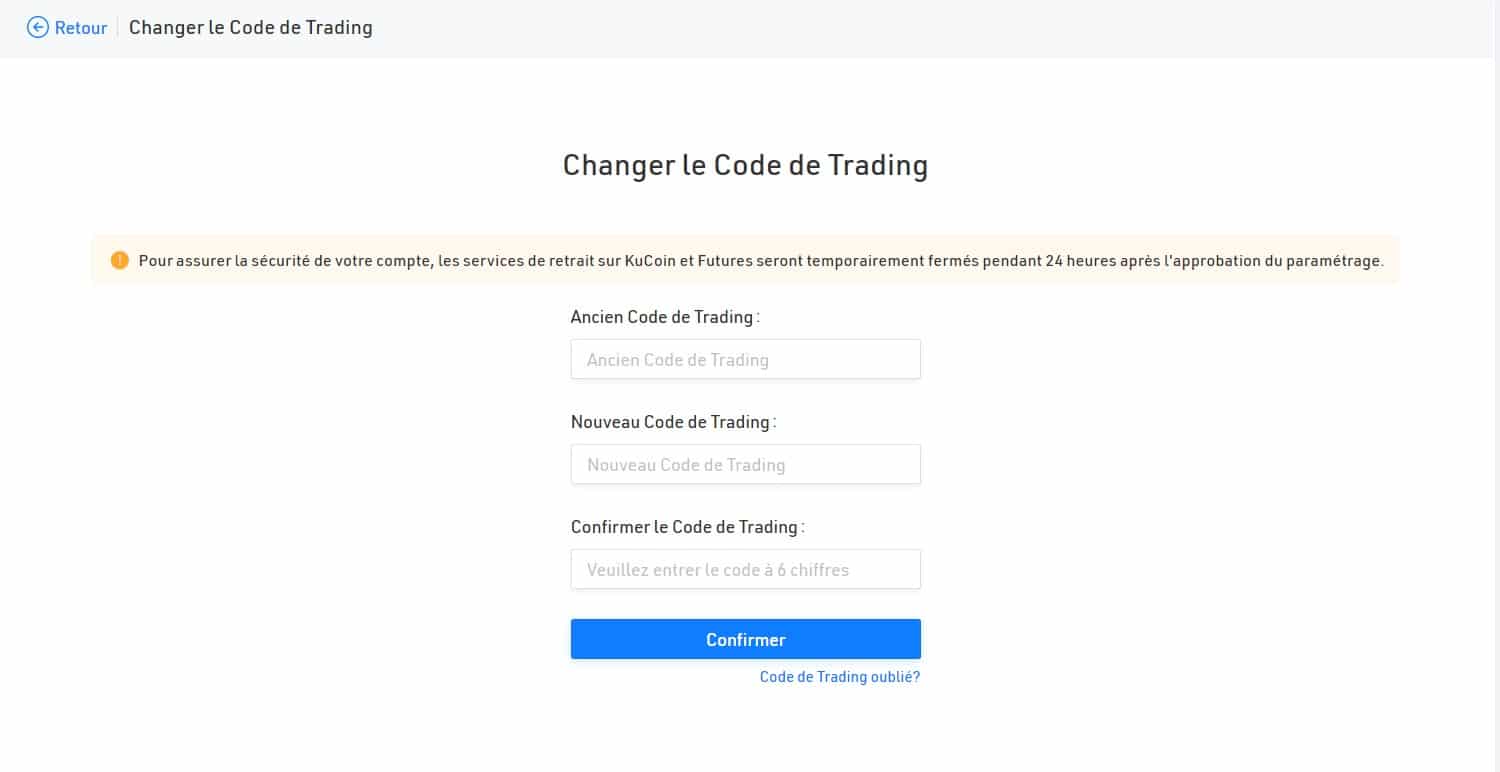 Cette page vous permet également de changer votre Code de Trading