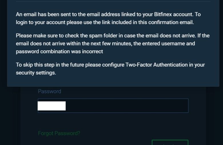 Vous devrez automatiquement aller sur votre boîte mail pour vous connecter sur Bitfinex
