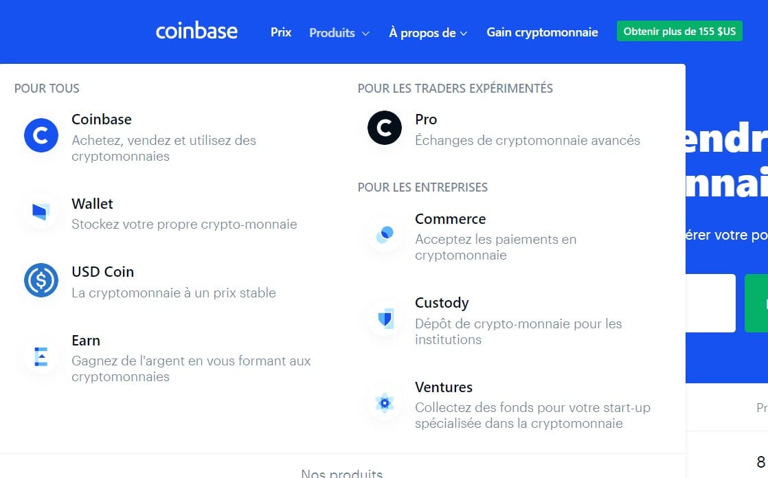 En allant sur la plateforme, vous remarquerez des produits signés Coinbase