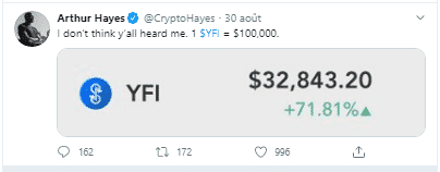 Yearn Finance YFI 100 000 USD Arthur Hayes