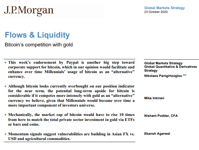 JP Morgan global markets strategy 23 octobre 2020