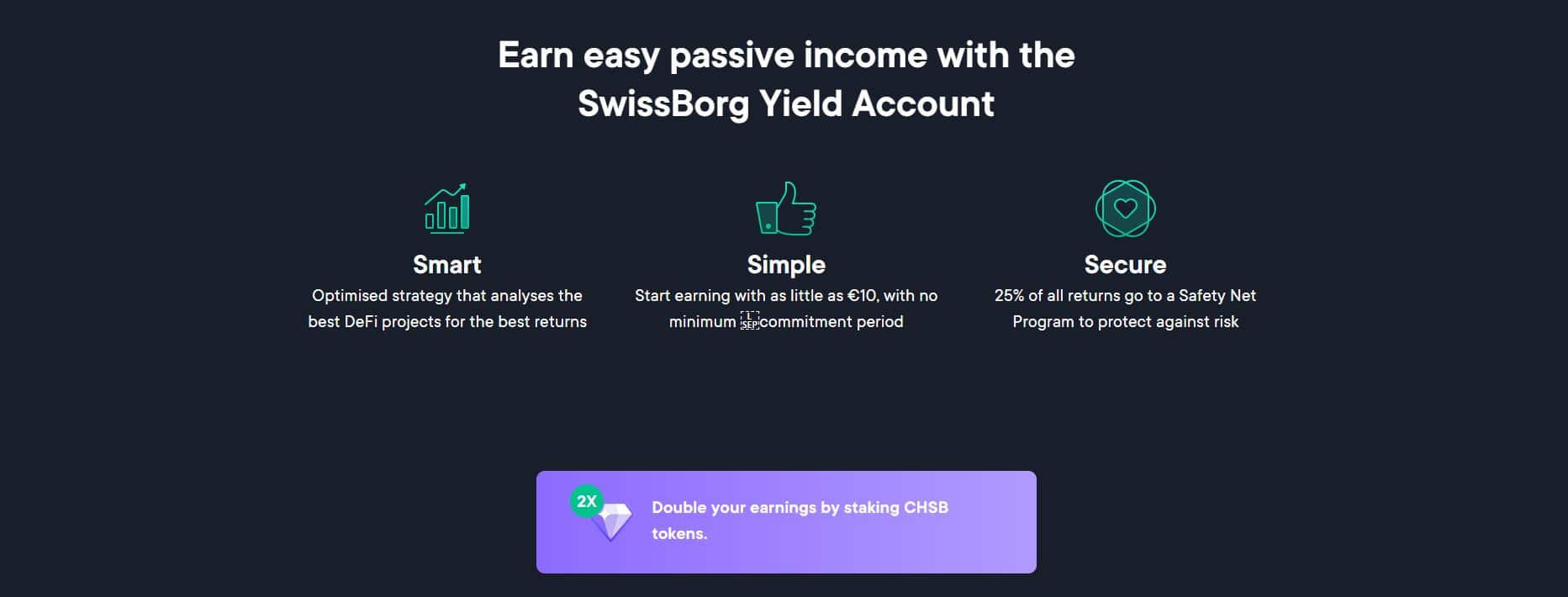 Les valeurs du nouveau produit de Swissborg, le Smart Yield Account