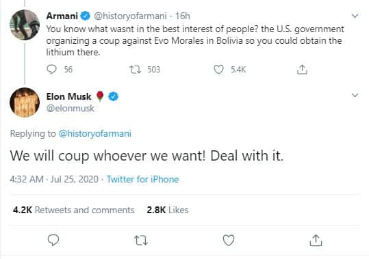 Musk : "we will coup whoever we want! DEal with it.