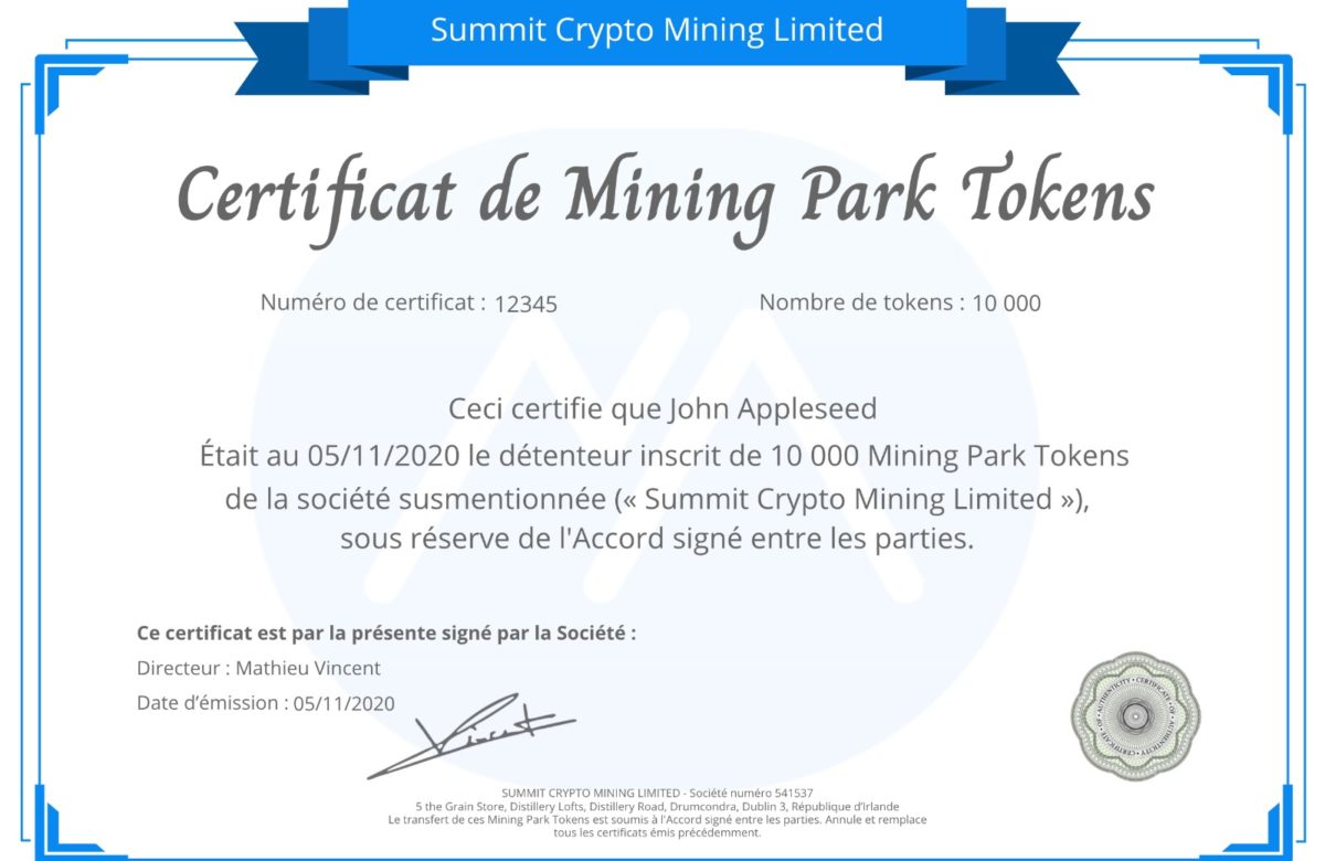 Certificat Mining Park token