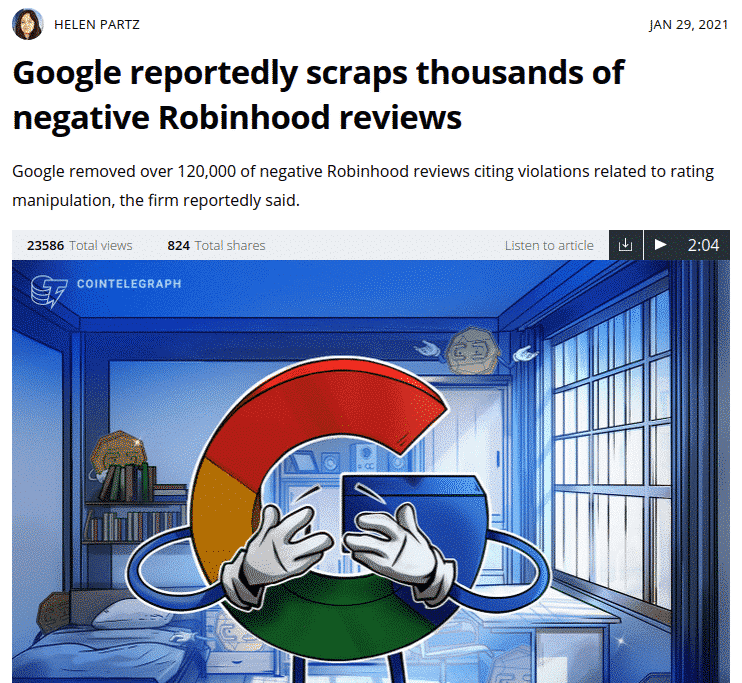 Google donne un coup de main à Robinhood