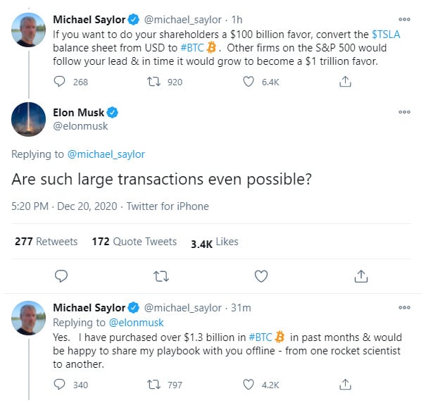 Michael saylot and ELon musk on bitcoin over twitter