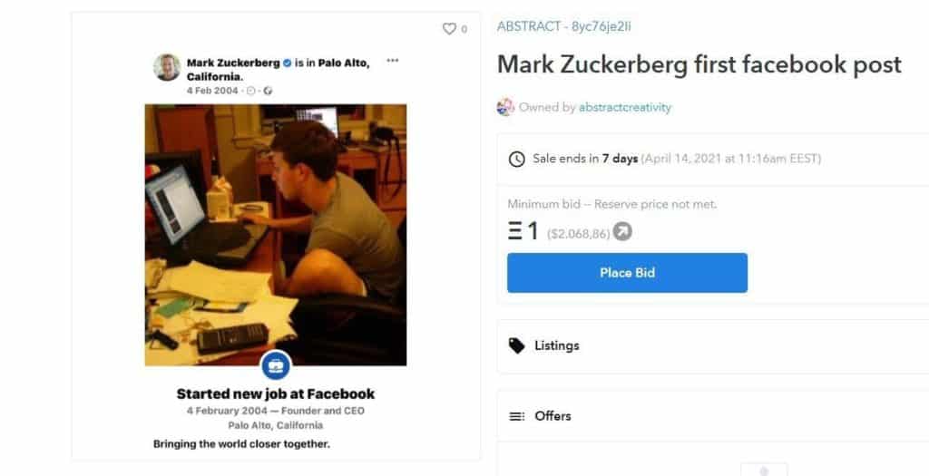 NFT premier post de Mark Zuckerberg