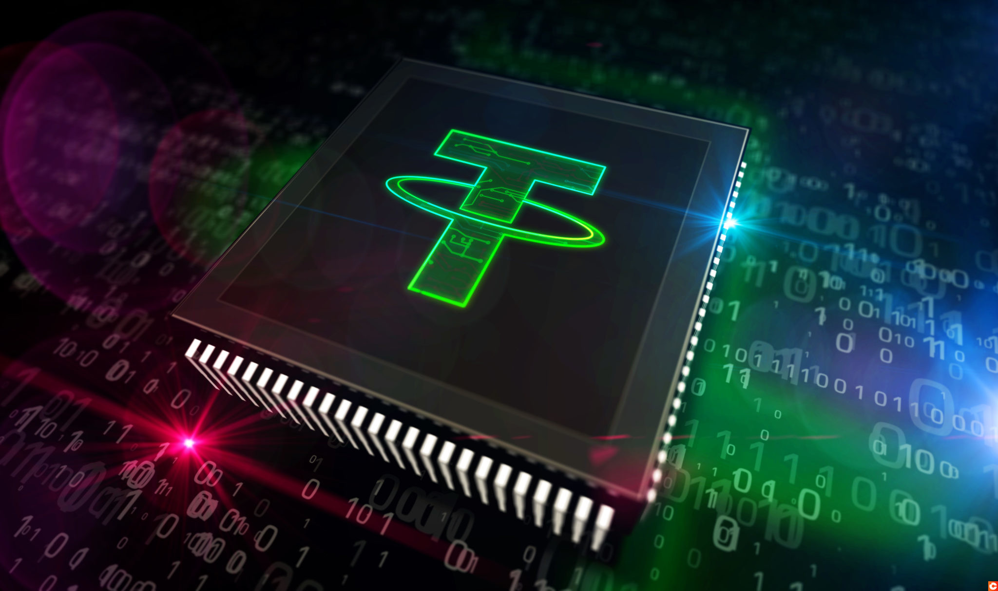 Tether stablecoin symbol, USDT, mastercoin dollar cryptocurrency business, cyber money safety icon. Futuristic abstract concept 3d rendering illustration.