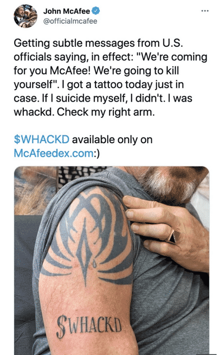 John Mcafee showing his tatoo "whackd" in a tweet