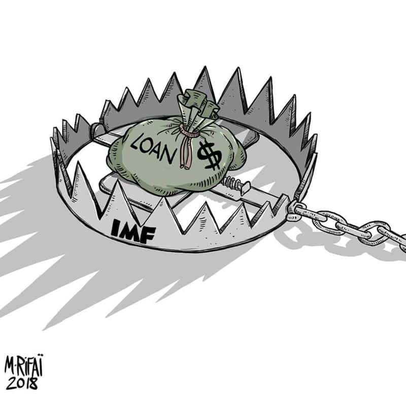 cartoon représentant un piège à loups avec un prêt du FMI comme appât