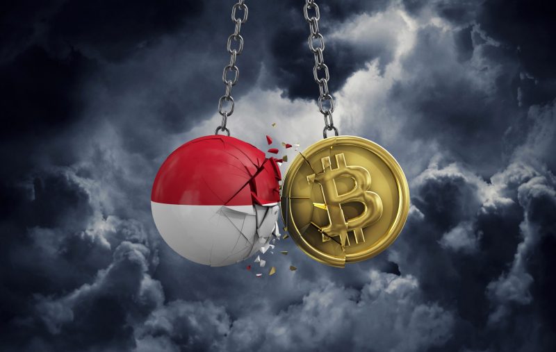 Indonesia flag smashing into a gold bitcoin crypto coin. 3D Rendering