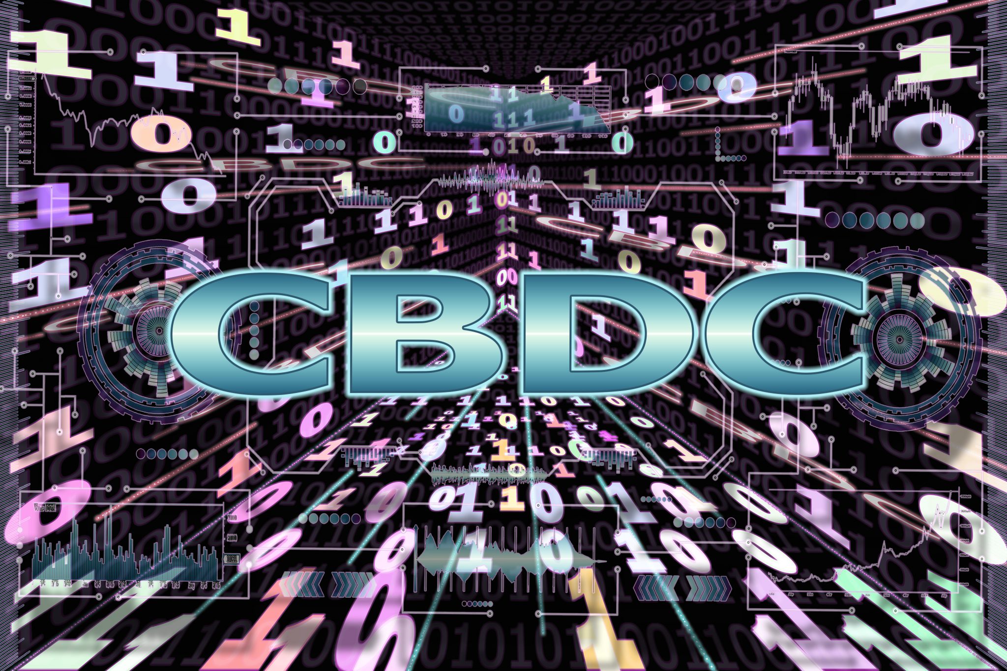 Tunnel of binary code on a black background. The inscription CBDC. Concept Digital Currency Central Bank